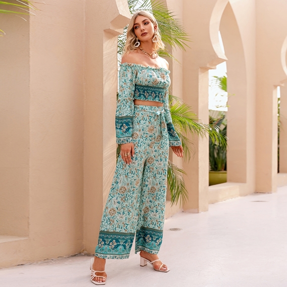 Bohemia Two Piece Pant Set Off Shoulder Floral - Picture 3 of 6